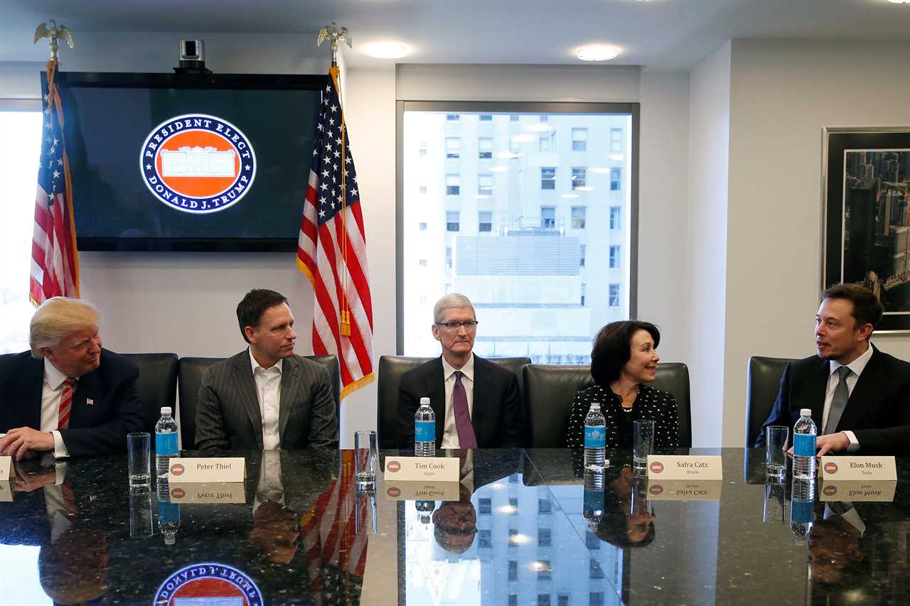 Musk and Thiel remain on decent terms.  In 2016, they met with President-elect Donald Trump at a gathering for tech leaders including Apple CEO Tim Cook and Oracle CEO Safra Catz (center).