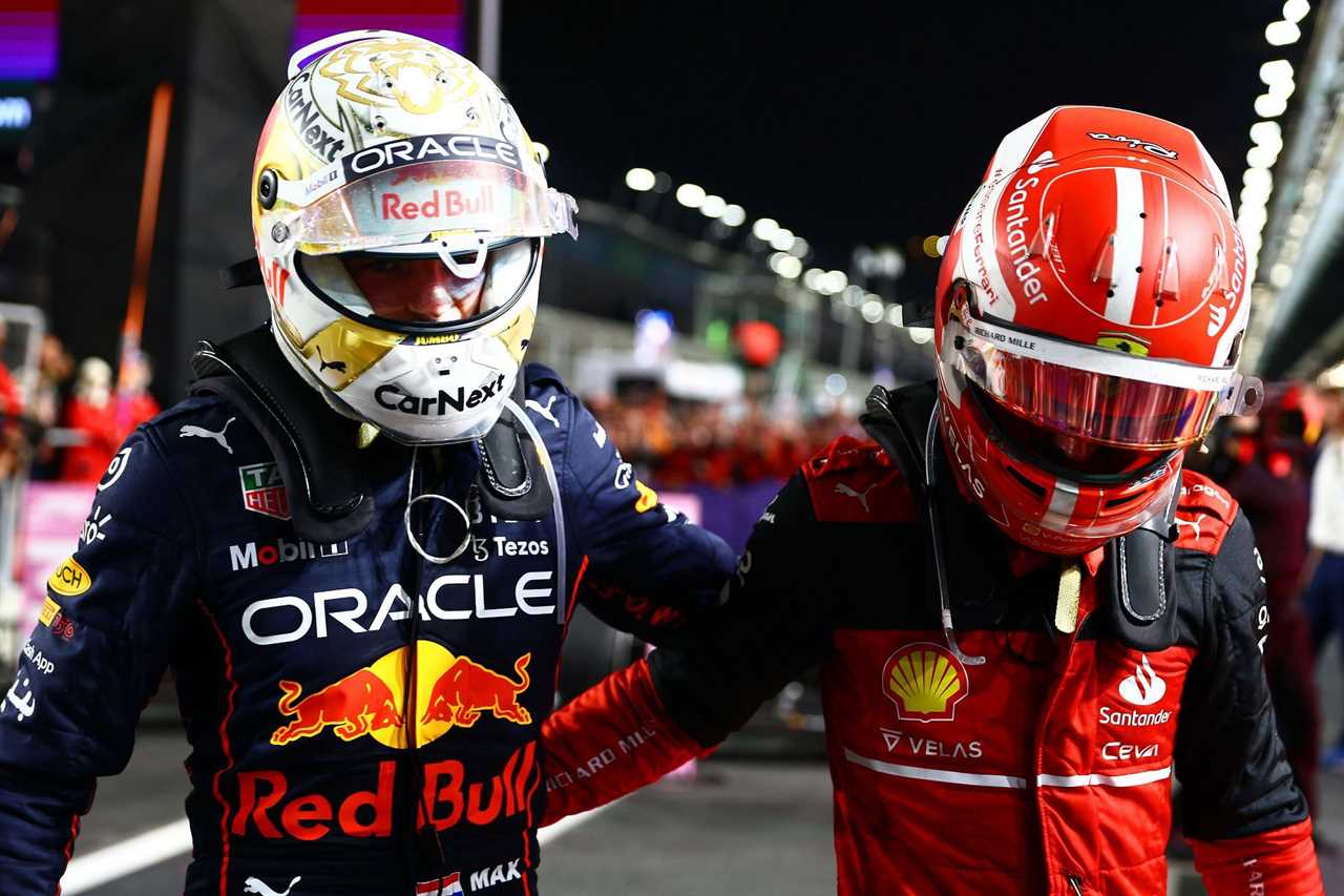 Red Bull's Max Verstappen (left) and Ferrari's Charles Leclerc (right) after the 2022 F1 Saudi Arabian GP (Photo by Mark Thompson/Getty Images)