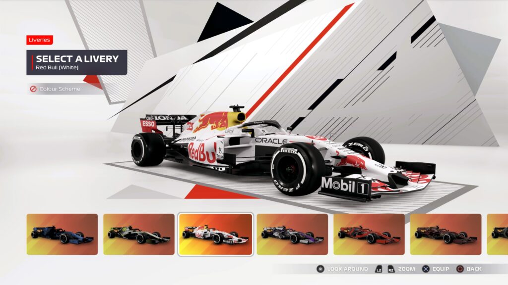 F1 2021 game, customization, car liveries, select a livery, Red Bull White