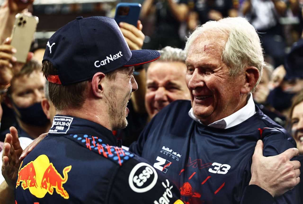 Race winner and 2021 F1 World Drivers Champion Max Verstappen with Red Bull Racing Team Consultant Dr Helmut Marko in parc ferme in Abu Dhabi. (Photo by Mark Thompson/Getty Images)