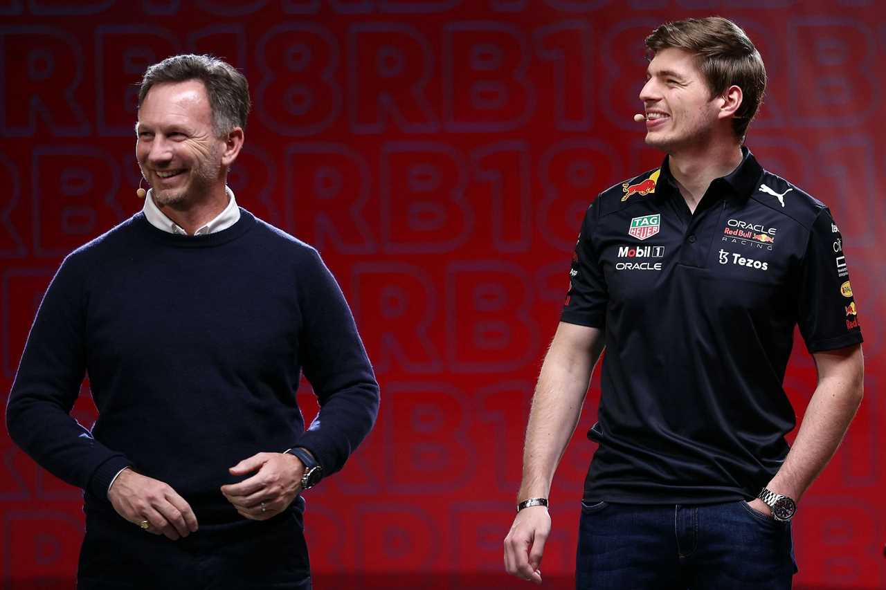 Red Bull Racing team principal Christian Horner (left) and Max Verstappen (right) during the Red Bull Racing RB18 launch (Photo by Bryn Lennon/Getty Images)