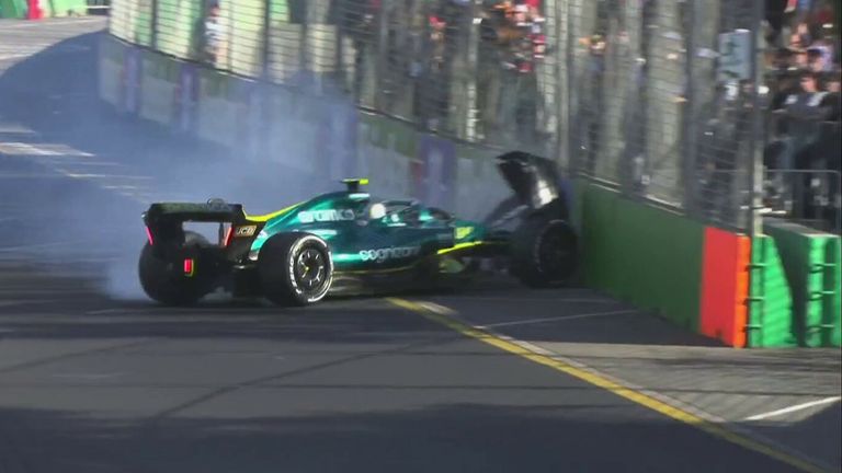 Sebastian Vettel hits the barriers and crashes out of the Australian GP.