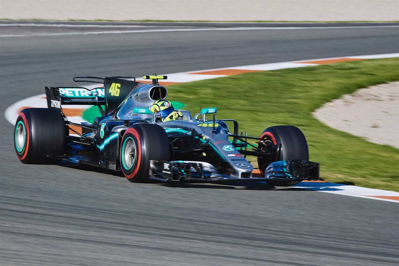 Valentino Rossi drives the Mercedes W08 F1 car during a special event in 2019 (Photo by Mirco Lazzari/Getty Images for Monster Energy)