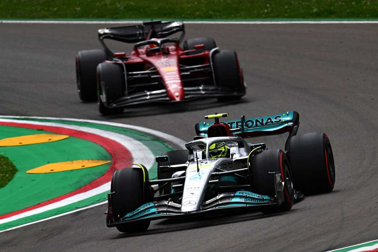 Mercedes' Lewis Hamilton (foreground) being followed by Ferrari's Charles Leclerc (background) during the 2022 F1 Imola GP weekend (Photo by Clive Mason/Getty Images)