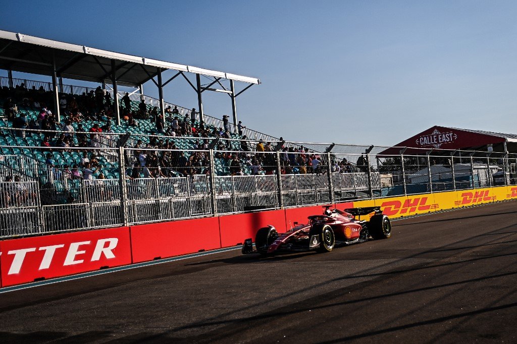 Leclerc steers during the second practice session of the Miami Formula One Grand Prix at the Miami International Autodrome in Miami Gardens, Florida, on May 6, 2022.