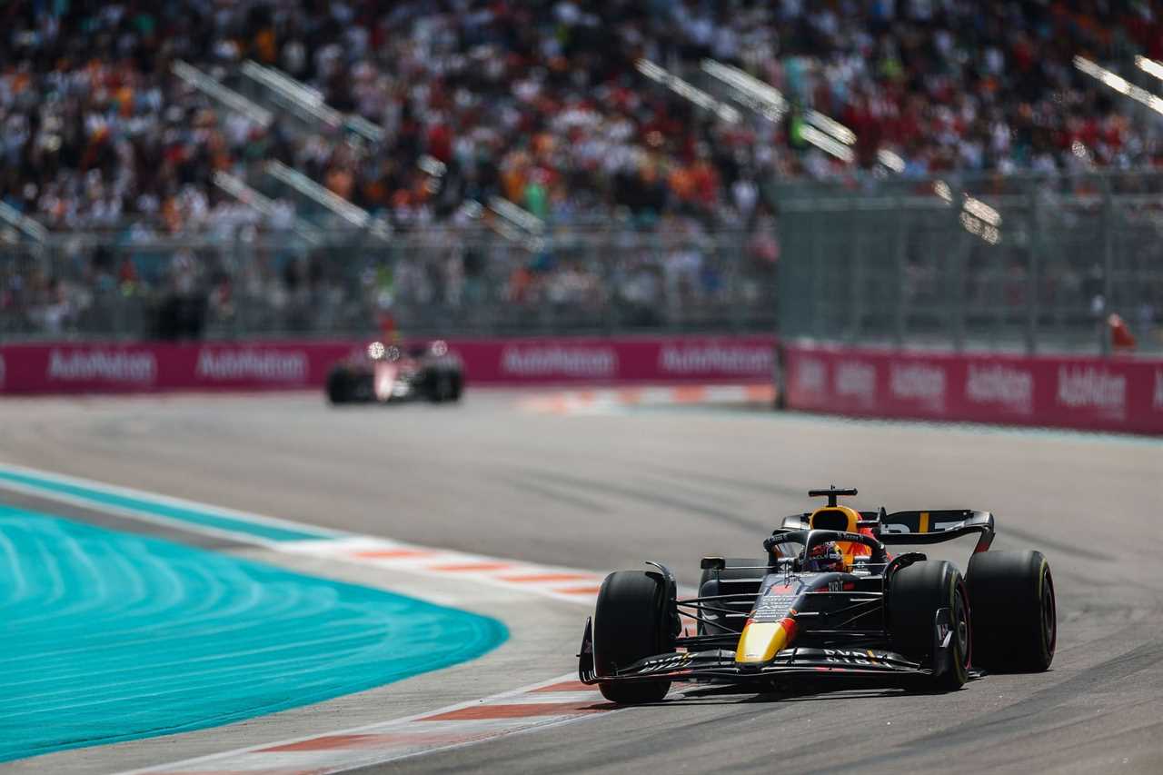 Max Verstappen leads away from Charles Leclerc at the 2022 Miami Grand Prix