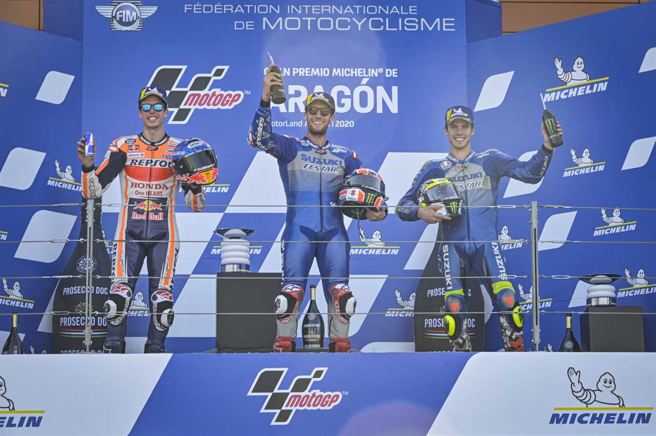 Team Suzuki Ecstar's Alex Rins carries out a dismayed to claim Aragon GP win