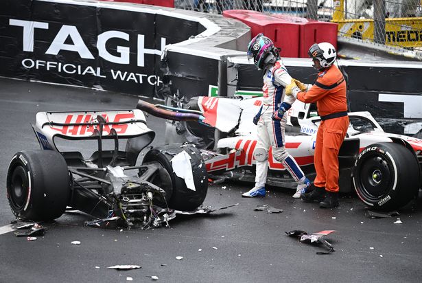 Haas F1 Team's German driver Mick Schumacher reacts after crashing during the Monaco Formula 1 Grand Prix at the Monaco street circuit in Monaco, on May 29, 2022.