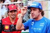 Carlos Sainz Jr (ESP) Ferrari and Fernando Alonso (ESP) Alpine F1 Team on the drivers parade.  Formula 1 World