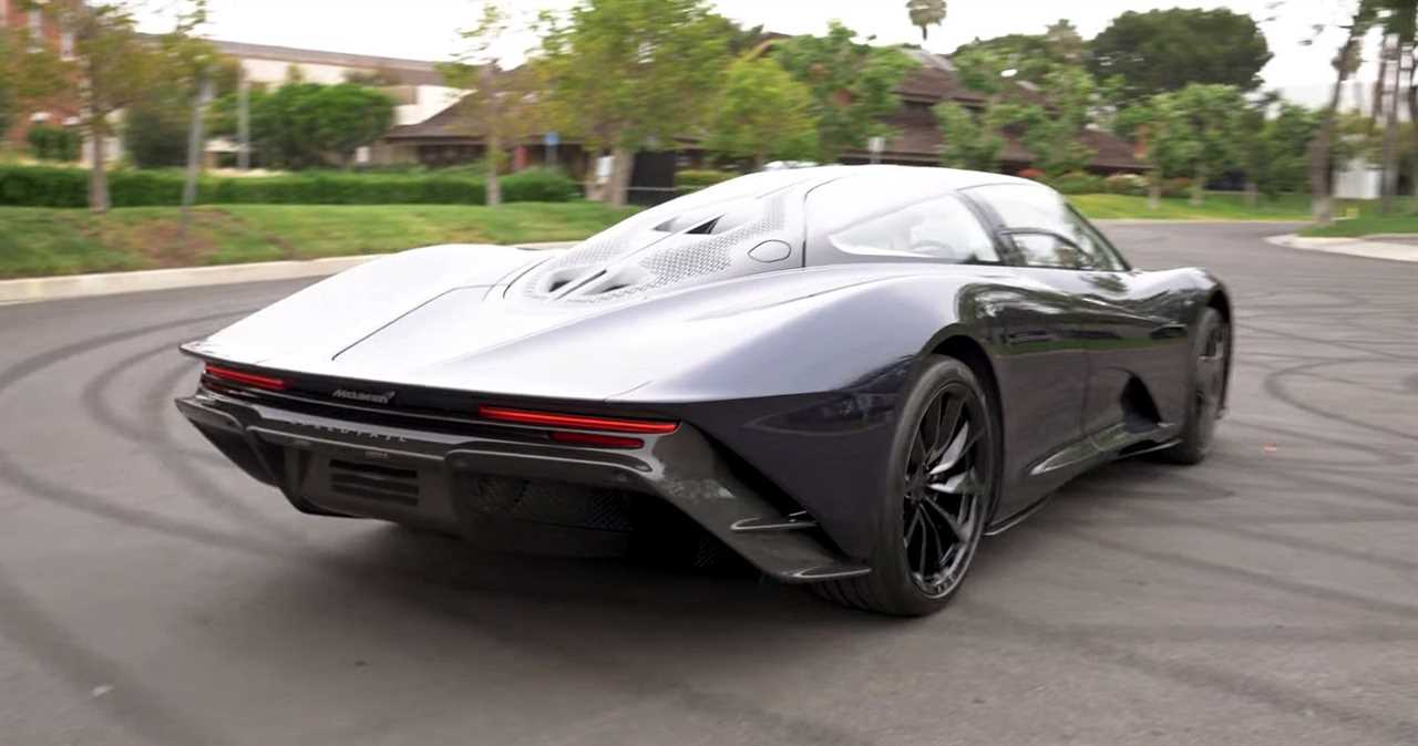 Manny Khoshbin's McLaren Speedtail, dark blue, rear quarter in parking lot