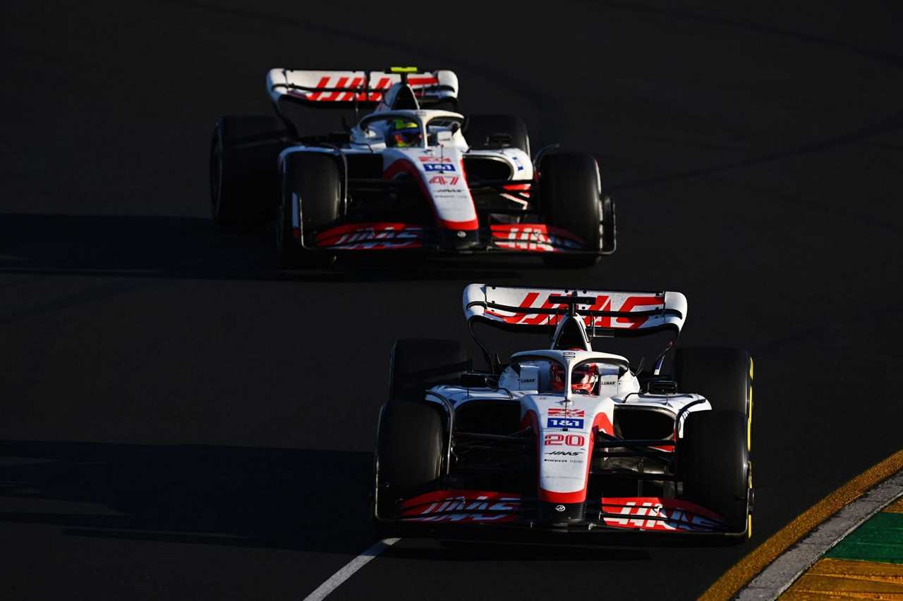 Haas F1's Kevin Magnussen (foreground) leading his teammate Mick Schumacher during the 2022 F1 Australian GP (Photo by Clive Mason/Getty Images)