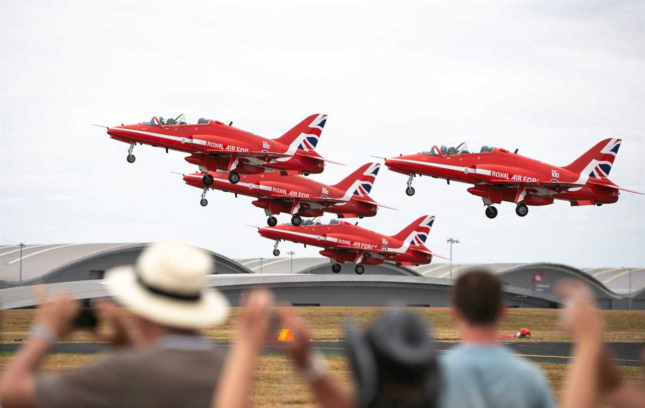 Mandatory Credit: Photo by Xinhua/REX/Shutterstock (9767964l) The Red Arrows perform a flypast Farnborough Airshow, UK - Jul 22, 2018