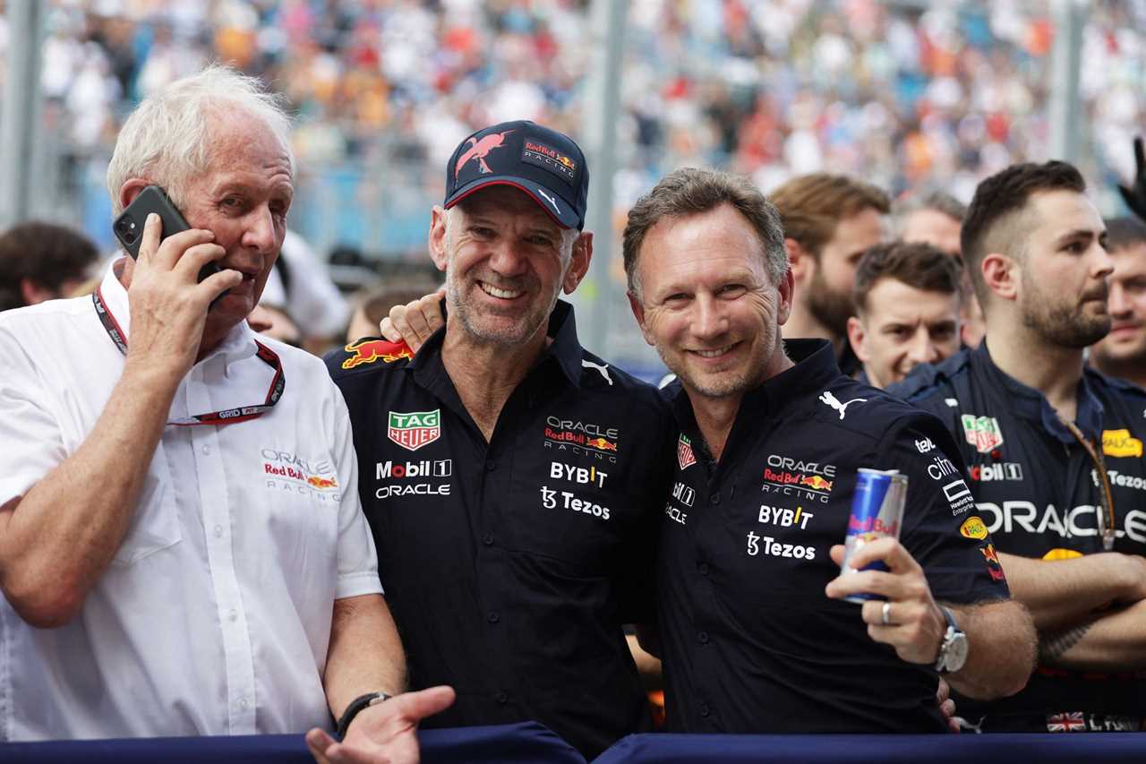 Red Bull team advisor Dr. Helmut Marko (left), chief technical officer Adrian Newey (center), and team principal Christian Horner celebrate after the 2022 F1 Miami GP (Photo by Mark Thompson/Getty Images)