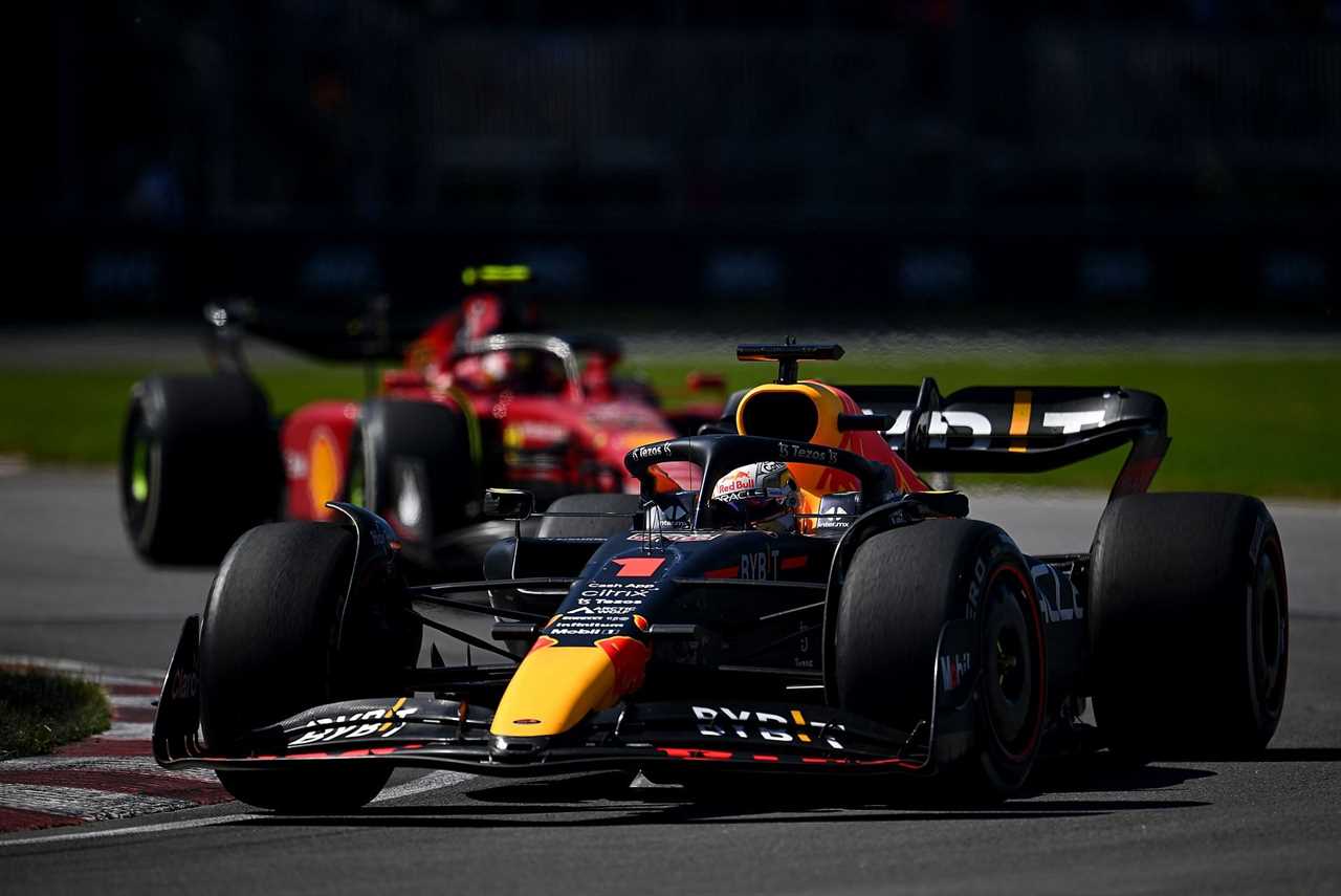 Red Bull driver Max Verstappen (foreground) being chased by Ferrari's Carlos Sainz during the 2022 F1 Canadian GP. (Photo by Clive Mason/Getty Images)