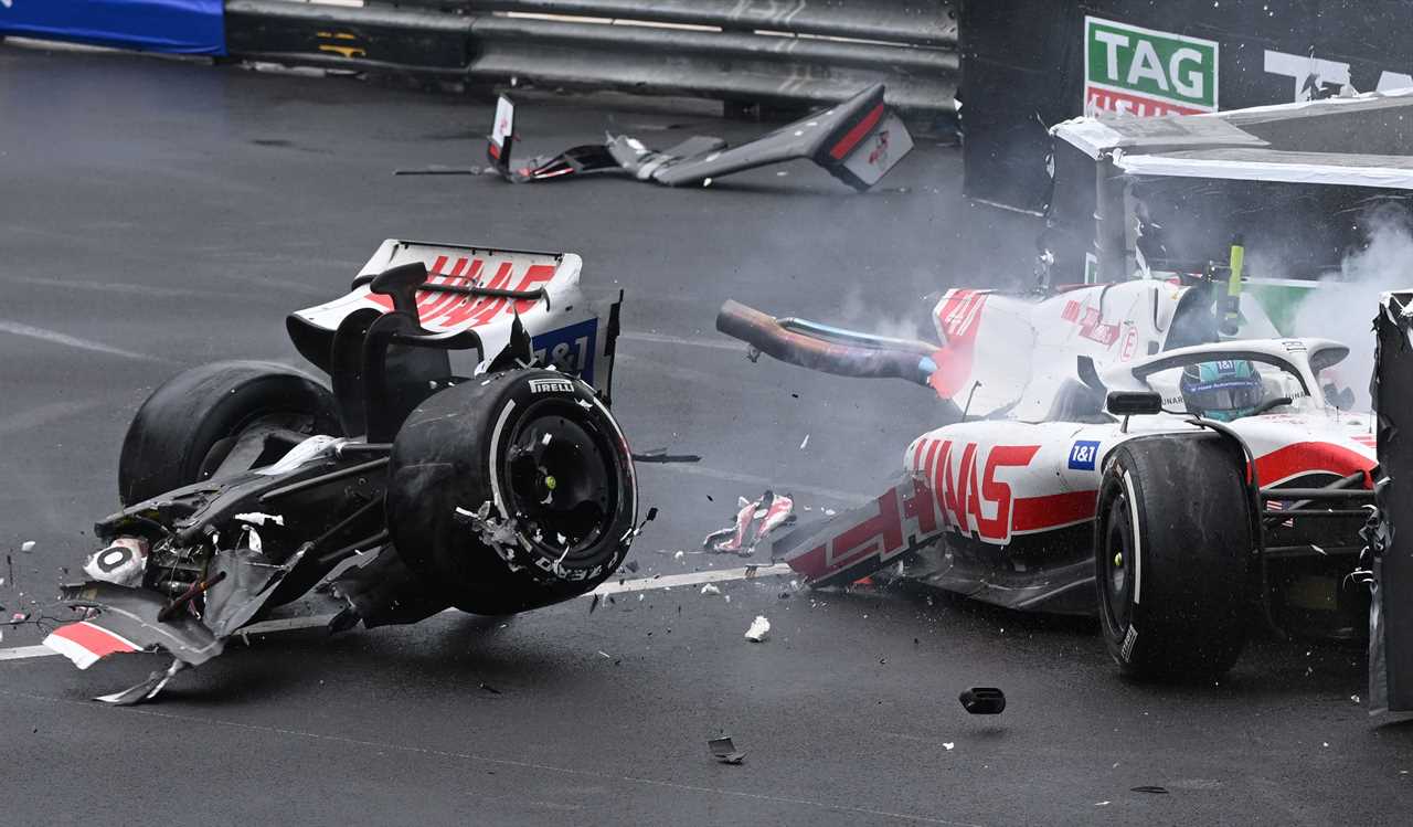 A Haas car breaking in half at the Monaco Grand Prix