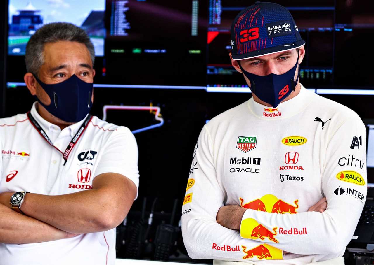 Red Bull Racing driver Max Verstappen and Masashi Yamamoto of Honda at the 2021 Turkish Grand Prix. (Photo by Mark Thompson/Getty Images)