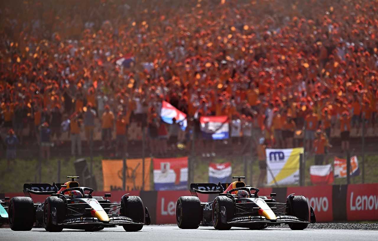 Red Bull drivers Sergio Perez and Max Verstappen on track during the 2022 F1 Spanish GP (Photo by Clive Mason/Getty Images)