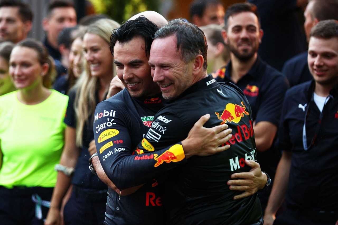 F1 Grand Prix of Monaco - Sergio Perez (left) celebrates with Christian Horner (right)