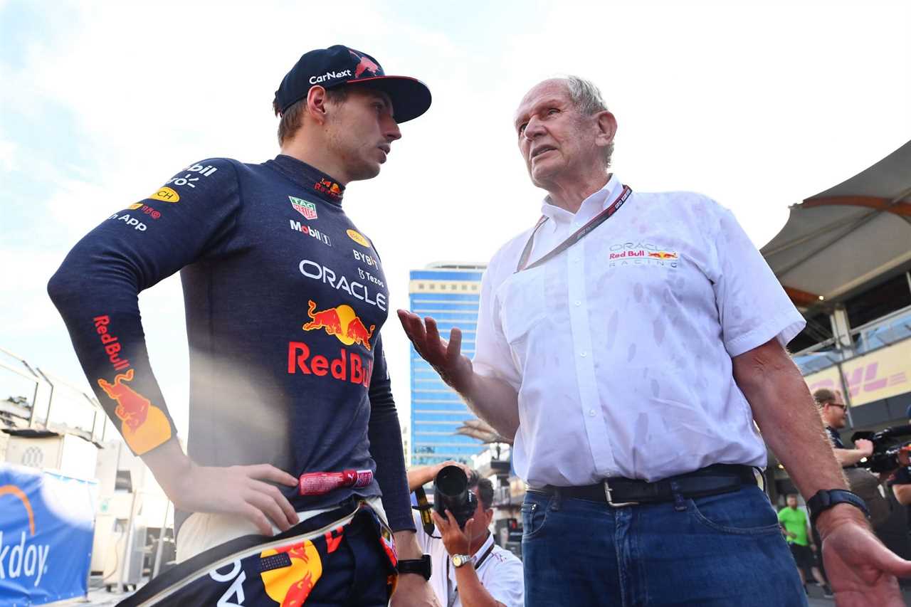 Max Verstappen (left) and Dr. Helmut Marko (right) speak to each other during the 2022 F1 Azerbaijan GP weekend. (Photo by Dan Mullan/Getty Images)