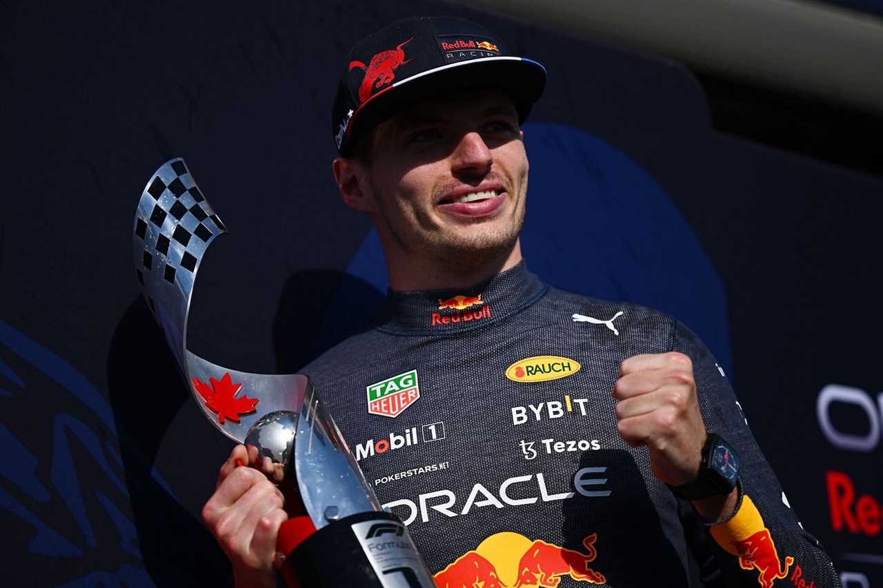 Max Verstappen celebrates with his trophy after the F1 Grand Prix of Canada at Circuit Gilles Villeneuve on June 19, 2022 in Montreal, Quebec. (Photo by Clive Mason/Getty Images)