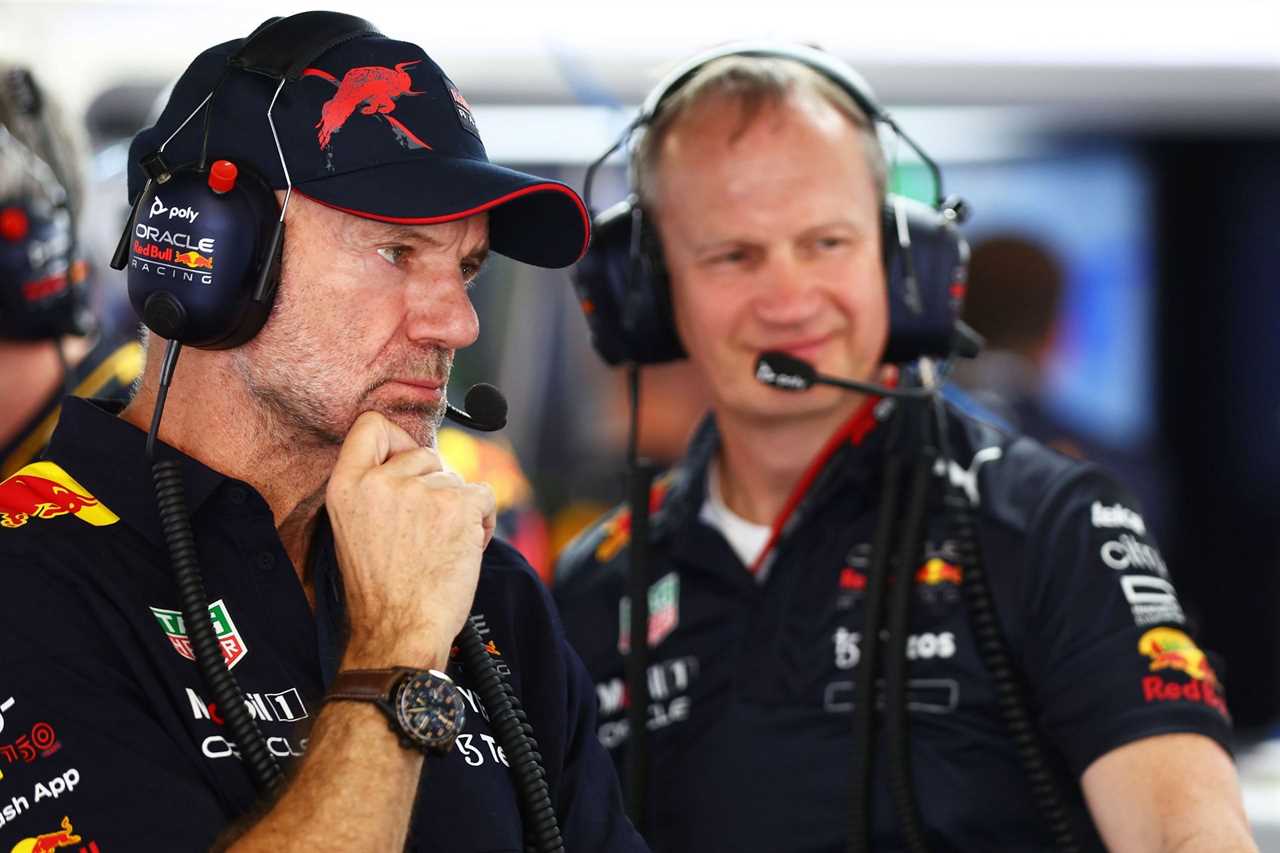 Red Bull's chief technical officer Adrian Newey (left) and the head of car engineering Paul Monaghan (right) at the 2022 F1 Spanish GP (Photo by Mark Thompson/Getty Images)