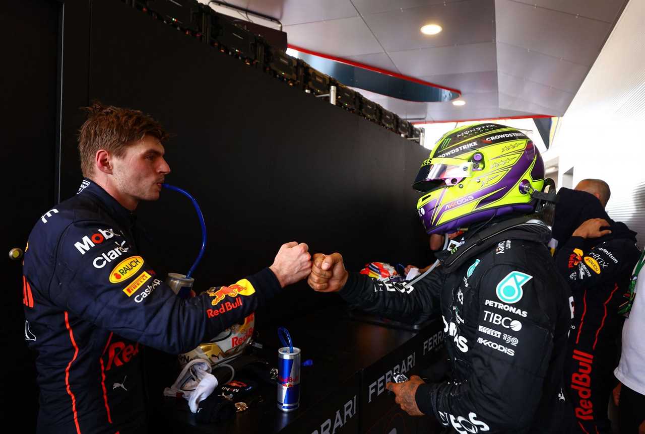 F1 Grand Prix of Spain - Max Verstappen and Lewis Hamilton share a moment.