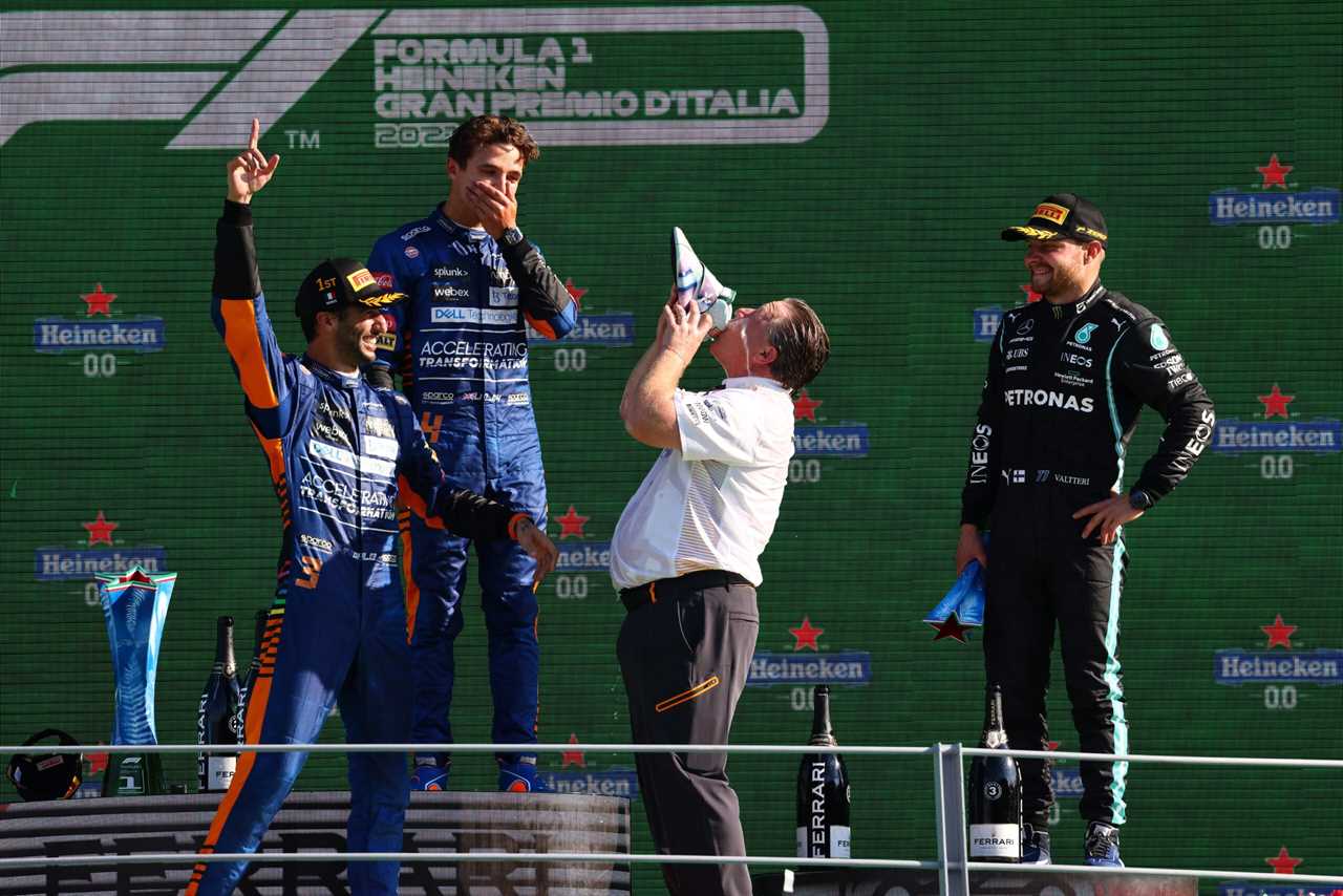 Daniel Ricciardo celebrates on the podium of the 2021 Italian Grand Prix Sept. 12.