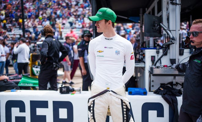 Juncos Hollinger Racing driver Callum Ilott (77) waits for the start of practice Friday, May 27, 2022, during Carb Day at Indianapolis Motor Speedway.