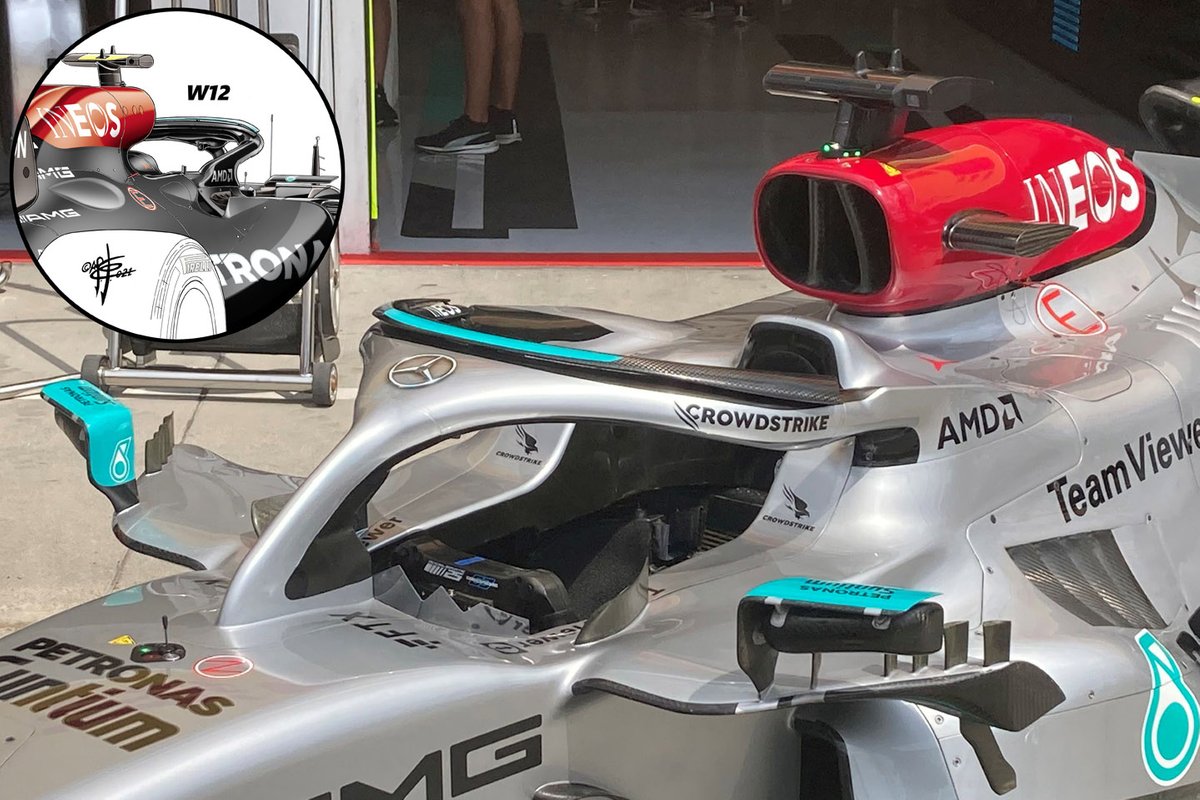 Mercedes W13 Halo boomerang winglets (W12 inset)