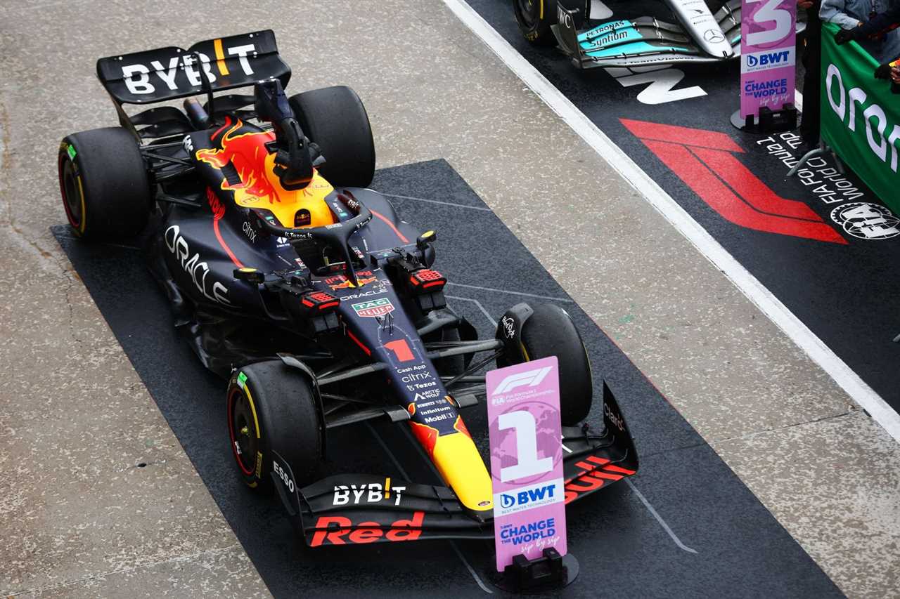 Max Verstappen's Red Bull RB18 in parc-ferme after winning the 2022 F1 Hungarian GP. (Photo by Mark Thompson/Getty Images)