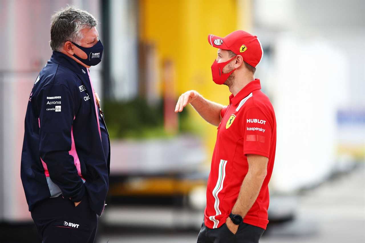 Sebastian Vettel (right) talks with Otmar Szafnauer (left), former team principal of Racing Point (now Aston Martin) in the Paddock before practice ahead of the F1 Grand Prix of Portugal at Autodromo Internacional do Algarve on October 23, 2020, in Portimao, Portugal (Photo by Mark Thompson/Getty Images)