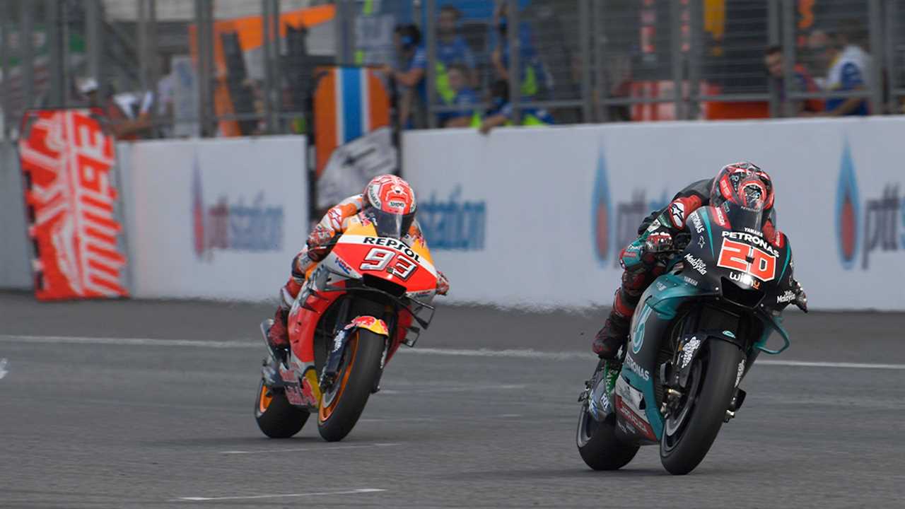 2019 Yamaha MotoGP rider Fabio Quartararo races against Honda's Marc Marquez at the 2019 Thailand GP