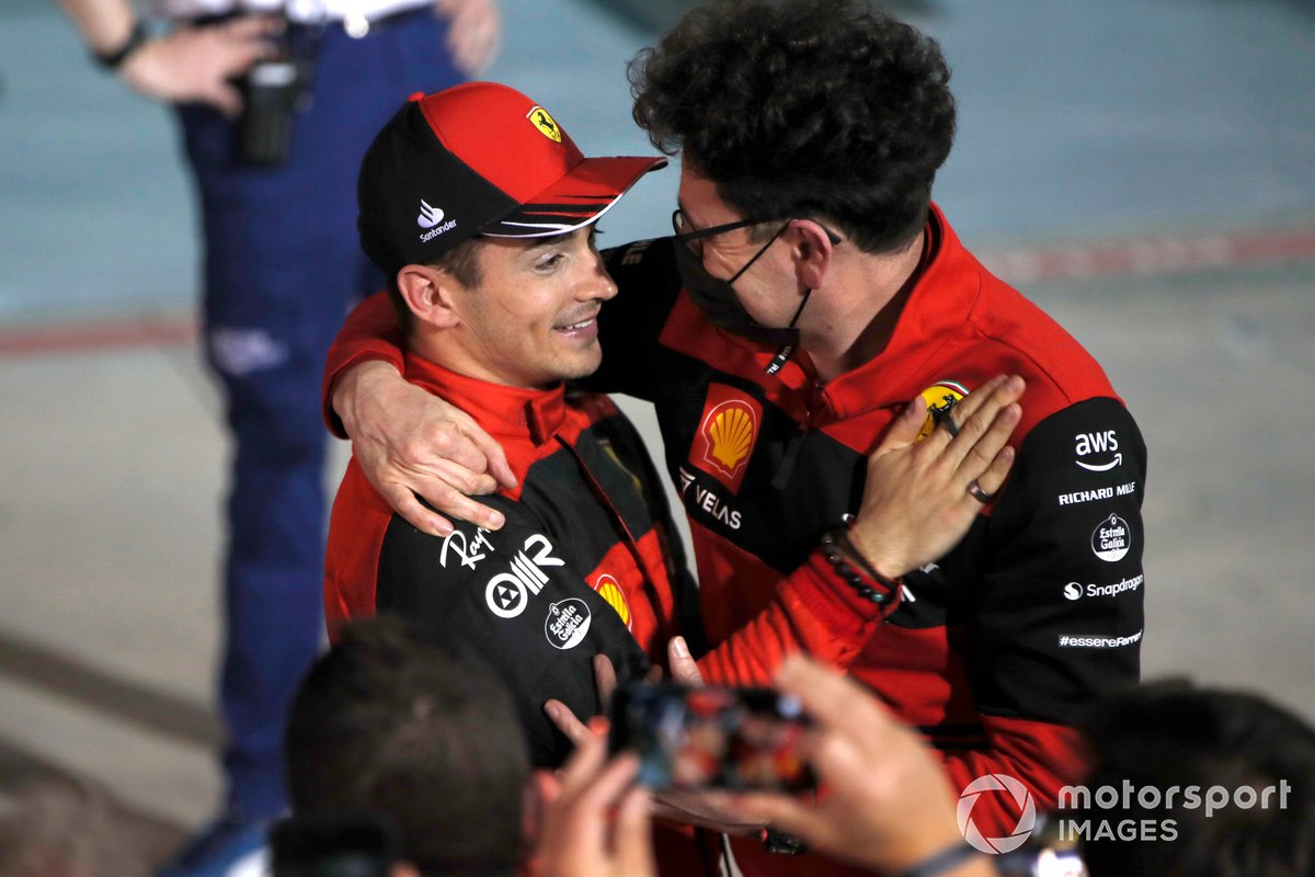 Charles Leclerc, Ferrari, 1st position, Mattia Binotto, Team Principal, Ferrari, celebrate in Parc Ferme