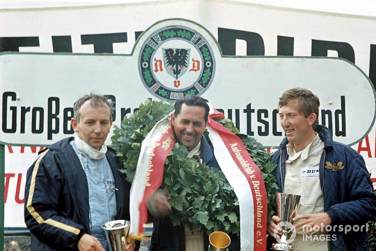 Team founder Brabham (flanked by Surtees and Rindt after winning the 1966 German GP) became the first driver to win the world championship in his own car, a feat unlikely ever to be repeated