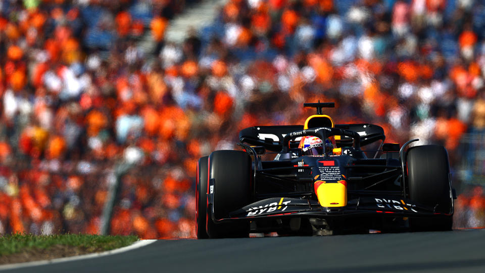 Max Verstappen is pictured driving his Red Bull at the Zandvoort circuit for the Dutch GP.