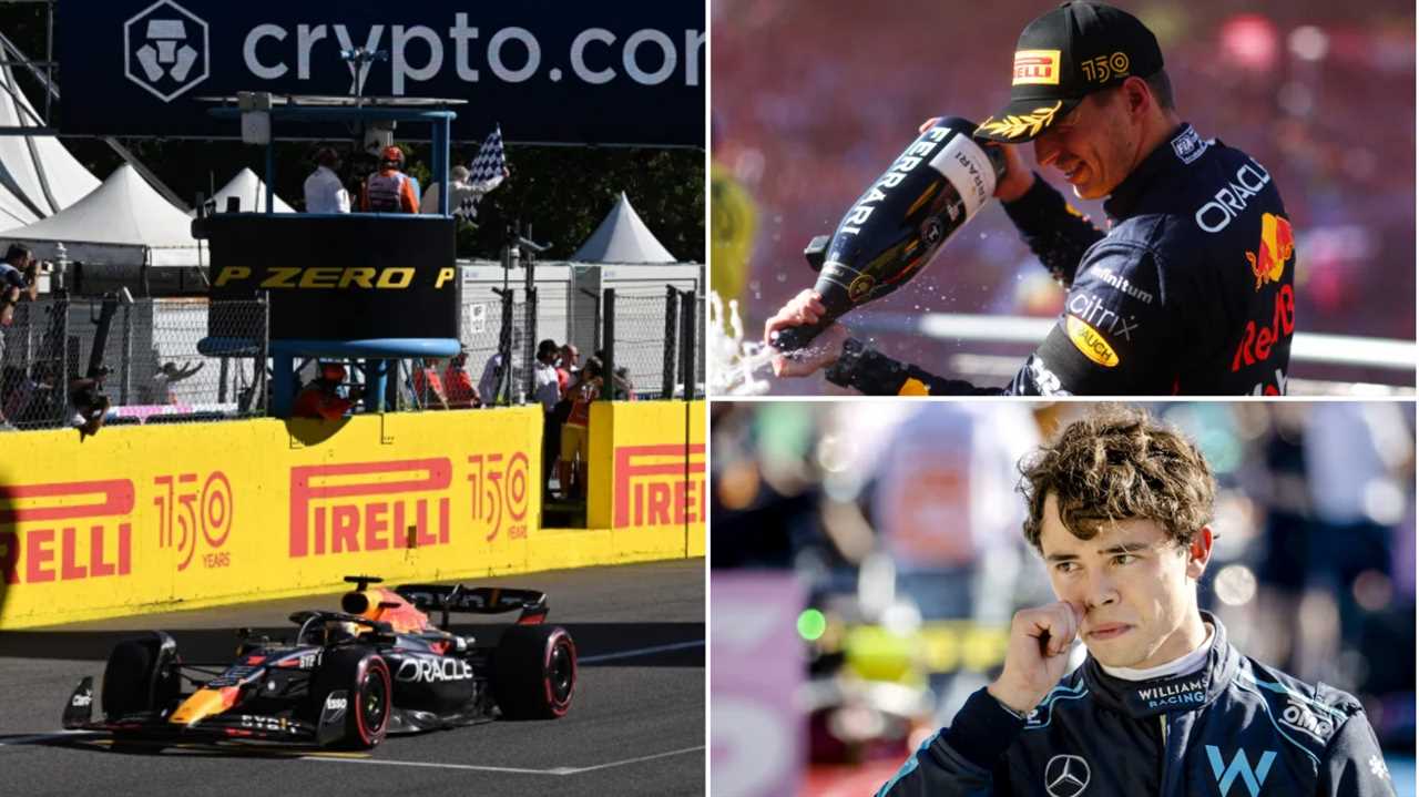 Max Verstappen crossing the finish line, celebrating his win, and Nyck de Vries after the race