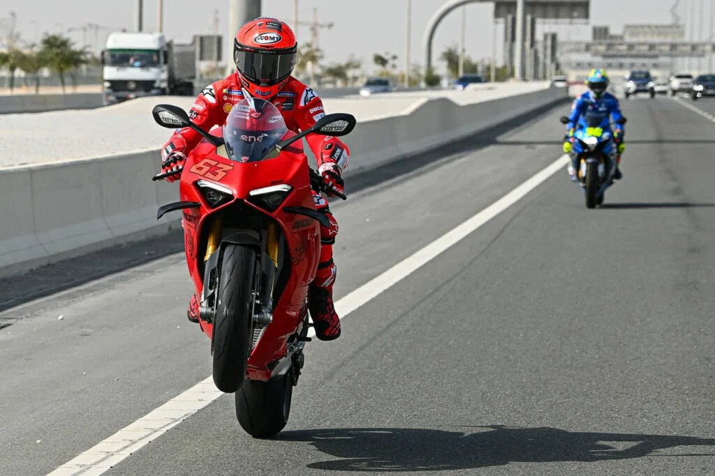 Francesco Bagnaia (63) wheeled his Ducati Panigale V4 streetbike for the camera.  Photo courtesy Dorna.