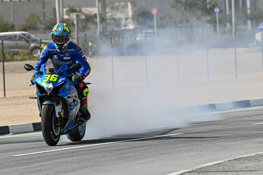 Joan Mir (36) did a rolling burnout on his Suzuki GSX-R1000R on the way to the stadium.  Photo courtesy Dorna.