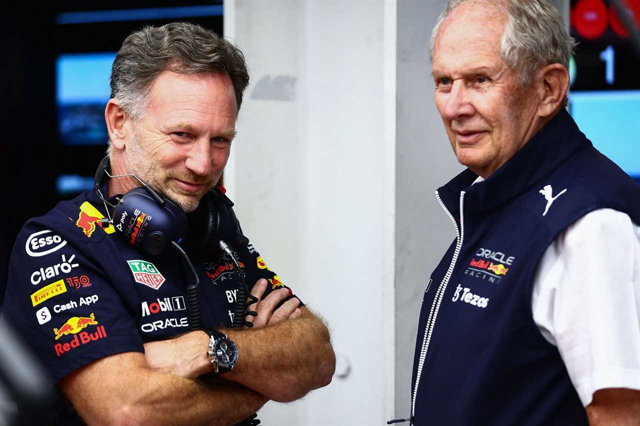 Red Bull's Christian Horner (left) with Helmut Marko during the F1 Grand Prix of Saudi Arabia - Practice