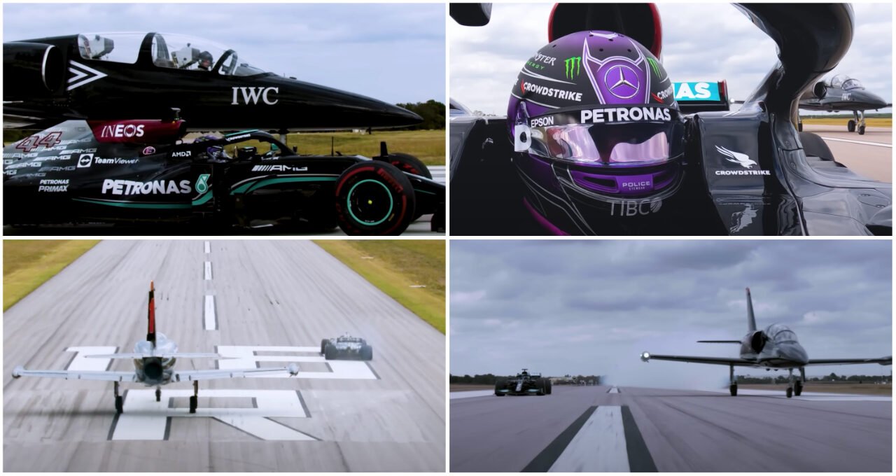 Lewis Hamilton's Mercedes F1 car vs a jet: Incredible video of race