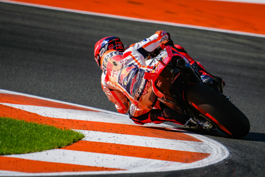 Marc Marquez with scuff marks on the back of his leathers from an earlier crash. Photo courtesy Dorna.