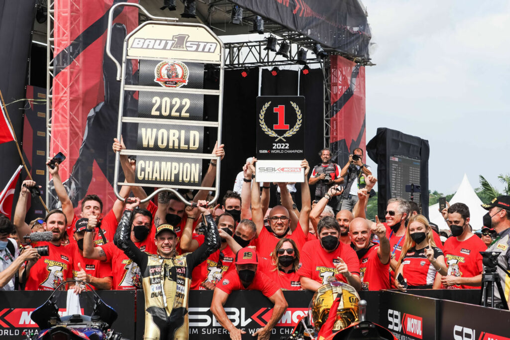 Alvaro Bautista celebrates winning the 2022 FIM Superbike World Championship with his team in Parc Ferme. Photo courtesy Dorna.