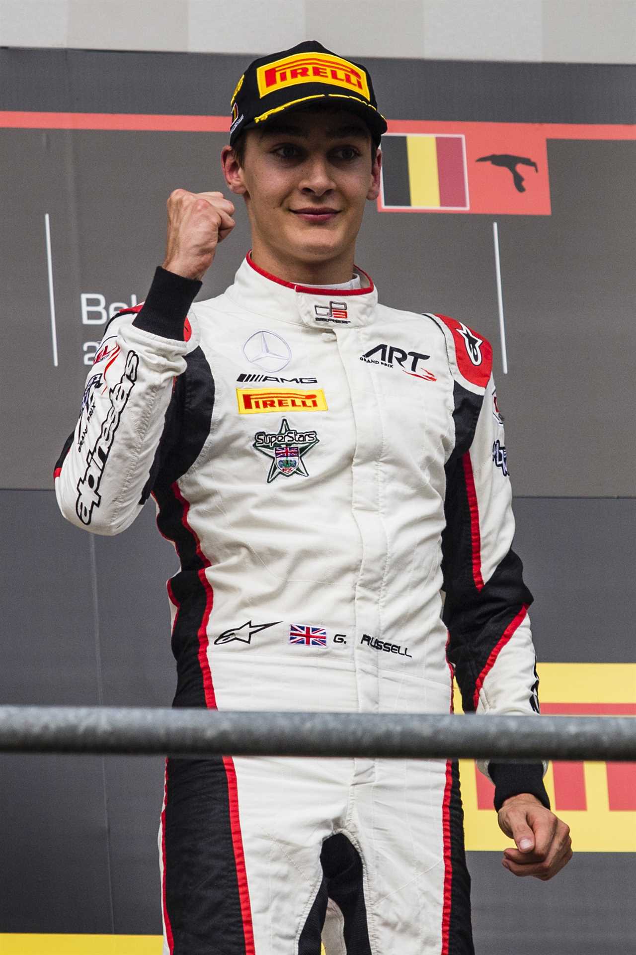Russell celebrates victory in Race 1 of the FIA ​​GP3 championship at Circuit de Spa-Francorchamps in 2017