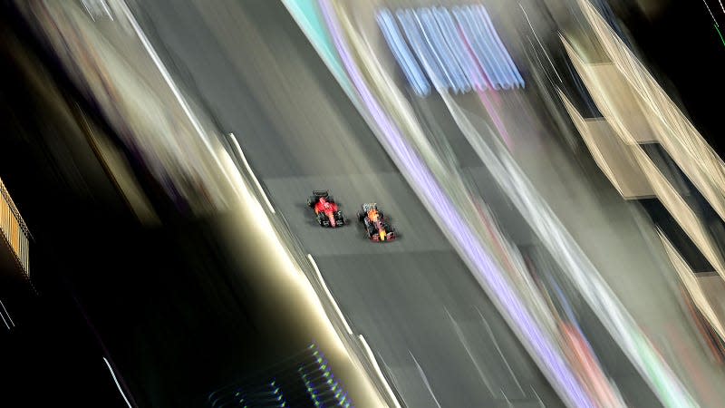 A photo of Charles LecLerc and Max Verstappen racing in Saudi Arabia. 