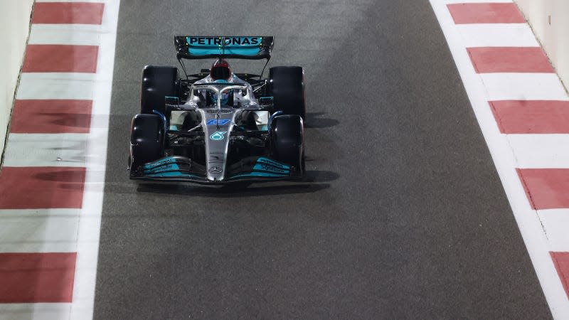 A photo of George Russell in his Mercedes F1 car. 