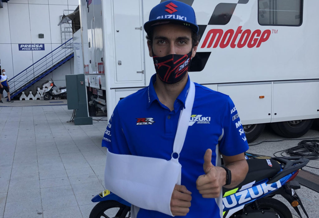 Injured Alex Rins at Jerez.  Photo courtesy of Team Suzuki Press Office.