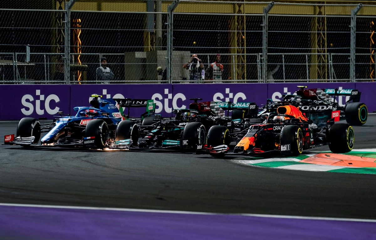 Esteban Ocon, Lewis Hamilton and Red Bull driver Max Verstappen side by side. F1 Saudi Arabia December 2021