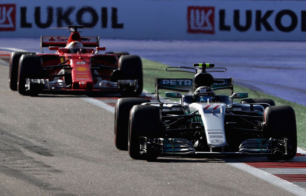 sochi, russia april 30 valtteri bottas driving the 77 mercedes amg petronas f1 team mercedes f1 wo8 leads sebastian vettel of germany driving the 5 scuderia ferrari sf70h on track during the formula one grand prix of russia on april 30, 2017 in sochi, russia photo by clive masongetty images