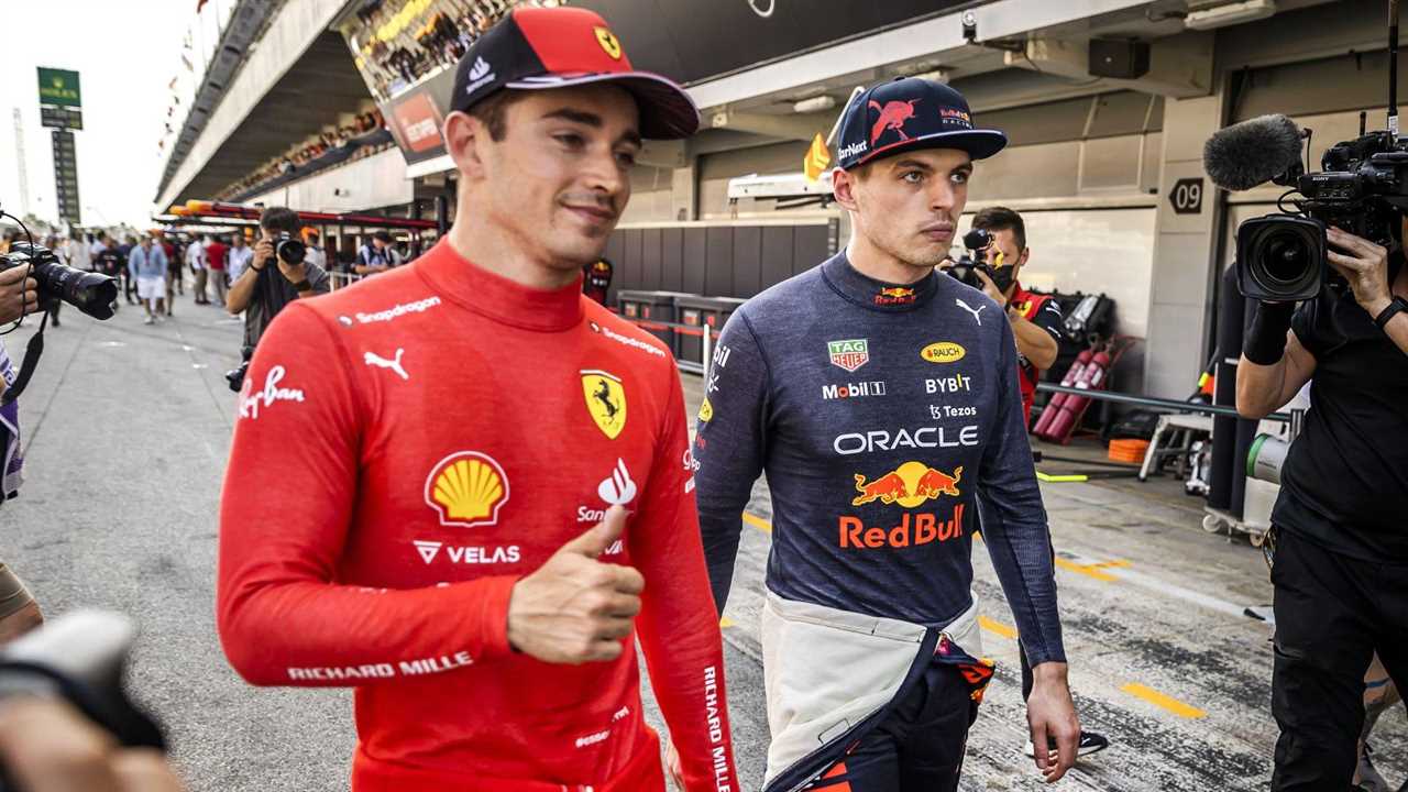 Charles Leclerc, Ferrari, and Max Verstappen, Red Bull, walk. Spain, May 2022.