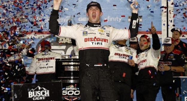 DAYTONA BEACH, FLORIDA - FEBRUARY 20: Austin Cindric, driver of the #2 Discount Tire Ford, celebrates in the Ruoff Mortgage victory lane after winning the NASCAR Cup Series 64th Annual Daytona 500 at Daytona International Speedway on February 20, 2022 in Daytona Beach, Florida.  (Photo by Chris Graythen/Getty Images) |  Getty Images